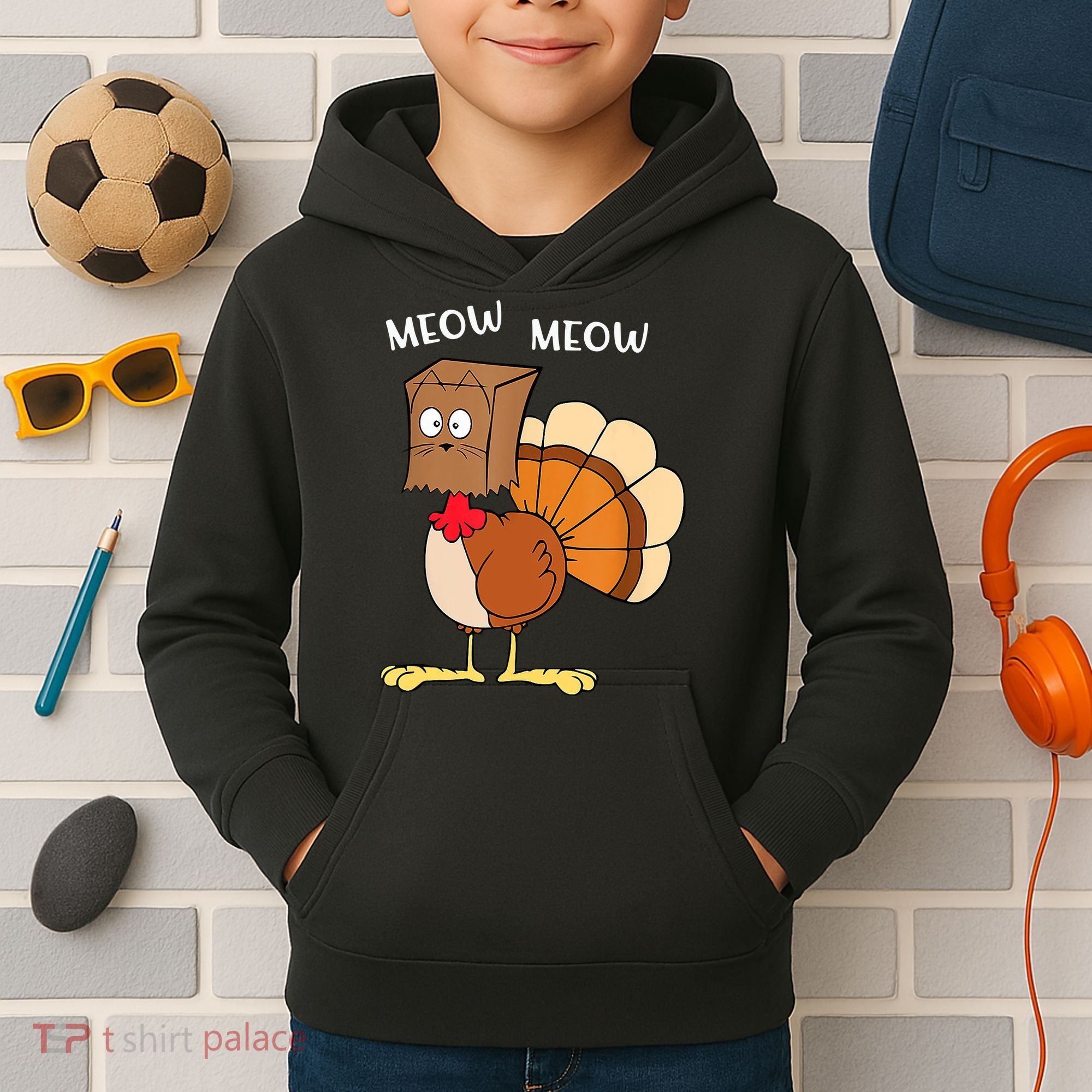 Funny Fake Cat Meow Turkey Thanksgiving Cat Love Fall Y'All Kids Hoodie