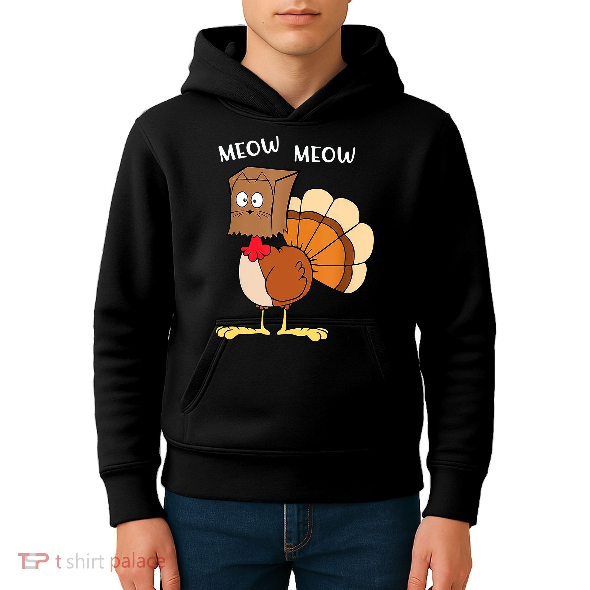 Funny Fake Cat Meow Turkey Thanksgiving Cat Love Fall Y'All Kids Hoodie