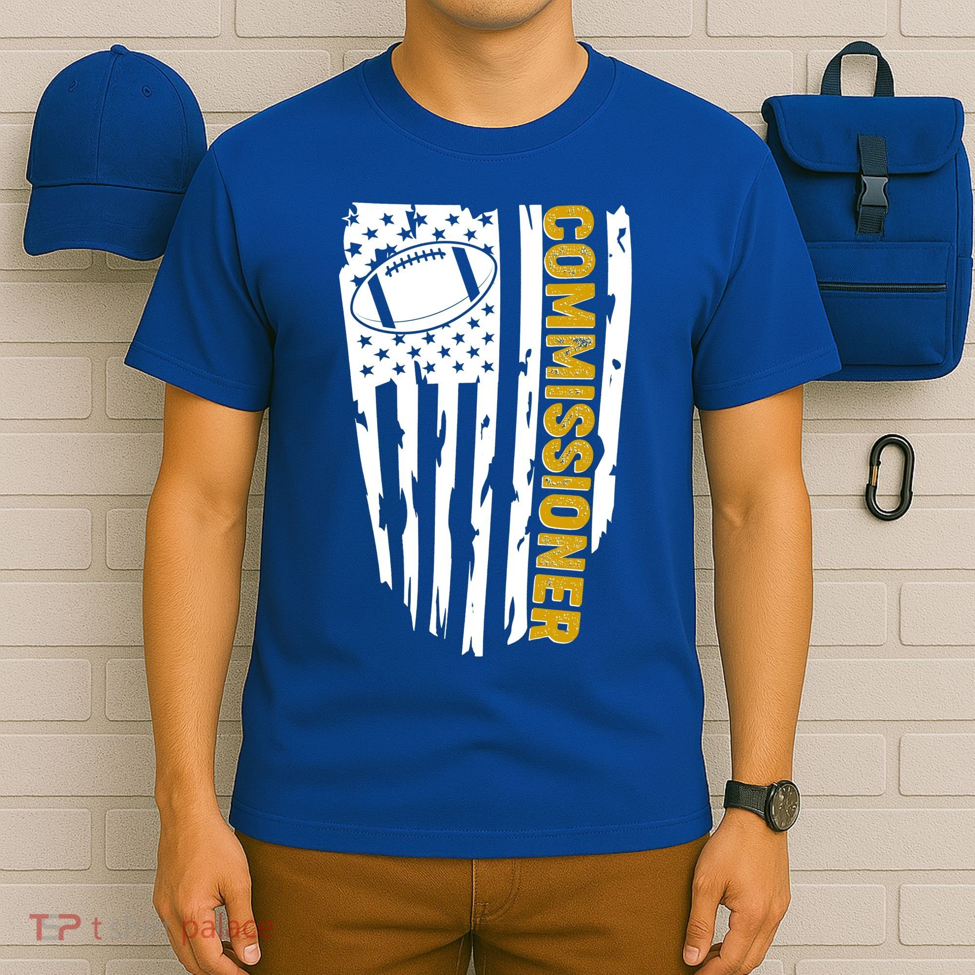 Fantasy Football Commissioner Distressed USA American Flag T-Shirt