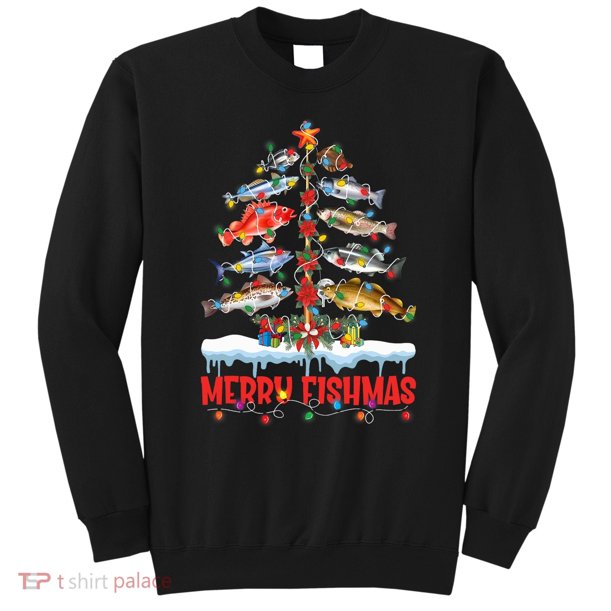 Fish Fishing Christmas Tree Lights Merry Fishmas Fishermen Sweatshirt