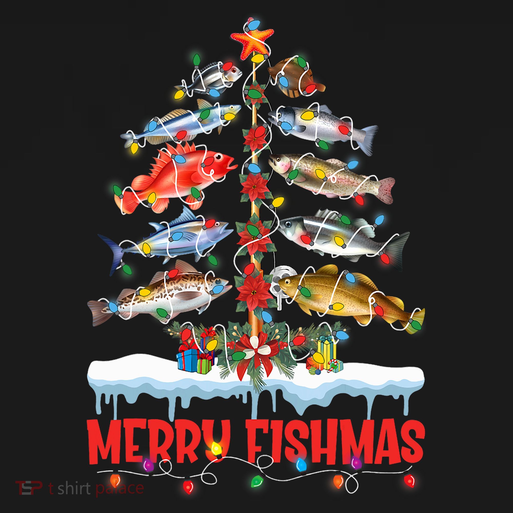Fish Fishing Christmas Tree Lights Merry Fishmas Fishermen T-Shirt