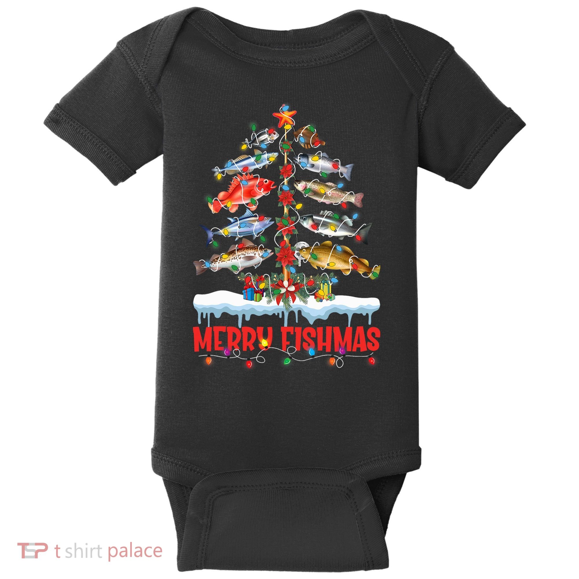 Fish Fishing Christmas Tree Lights Merry Fishmas Fishermen Baby Bodysuit
