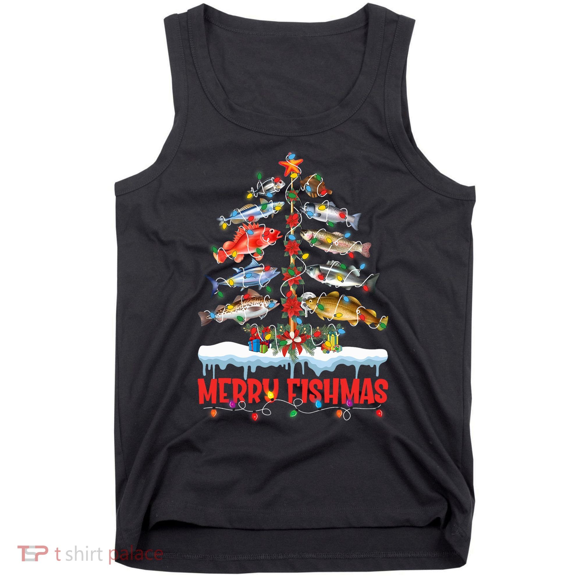 Fish Fishing Christmas Tree Lights Merry Fishmas Fishermen Tank Top