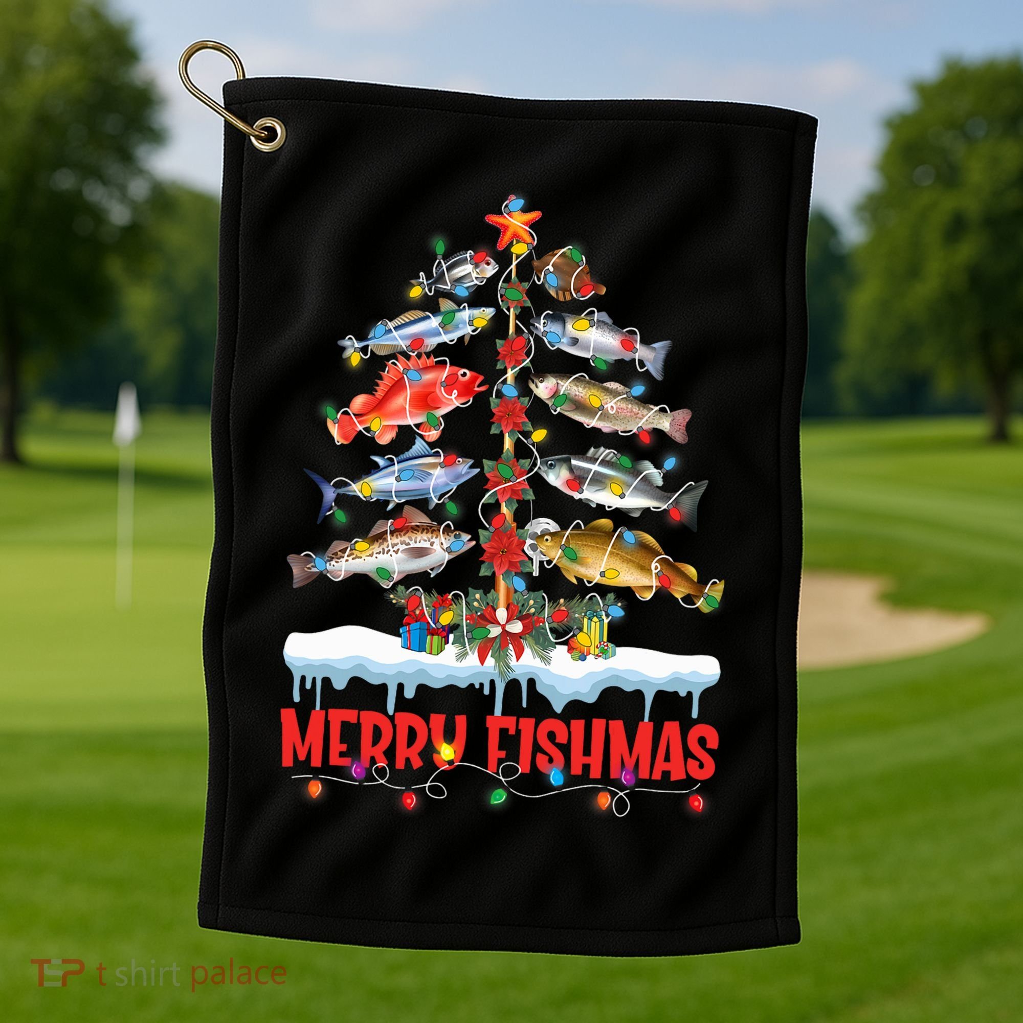 Fish Fishing Christmas Tree Lights Merry Fishmas Fishermen Golf Towel