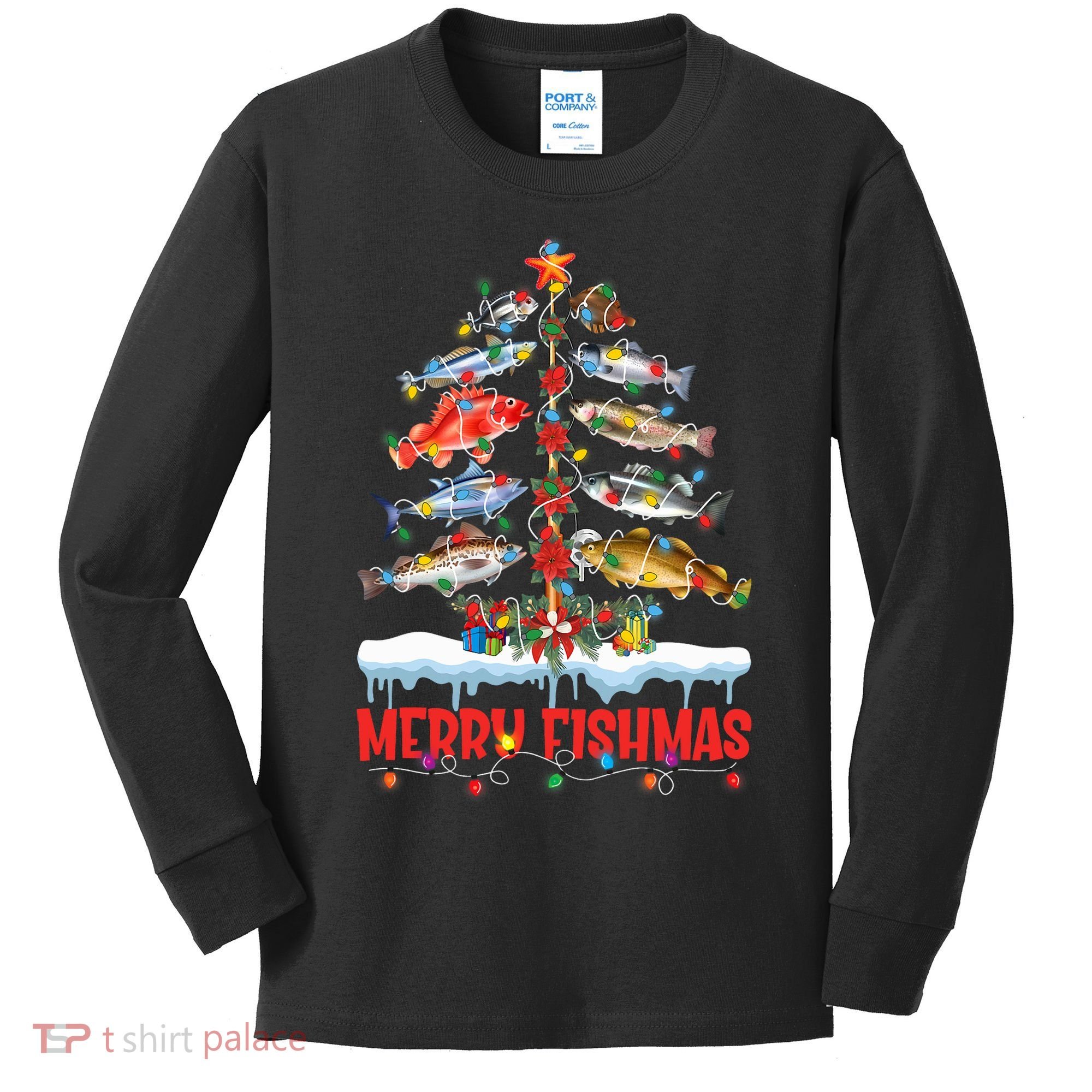 Fish Fishing Christmas Tree Lights Merry Fishmas Fishermen Kids Long Sleeve Shirt
