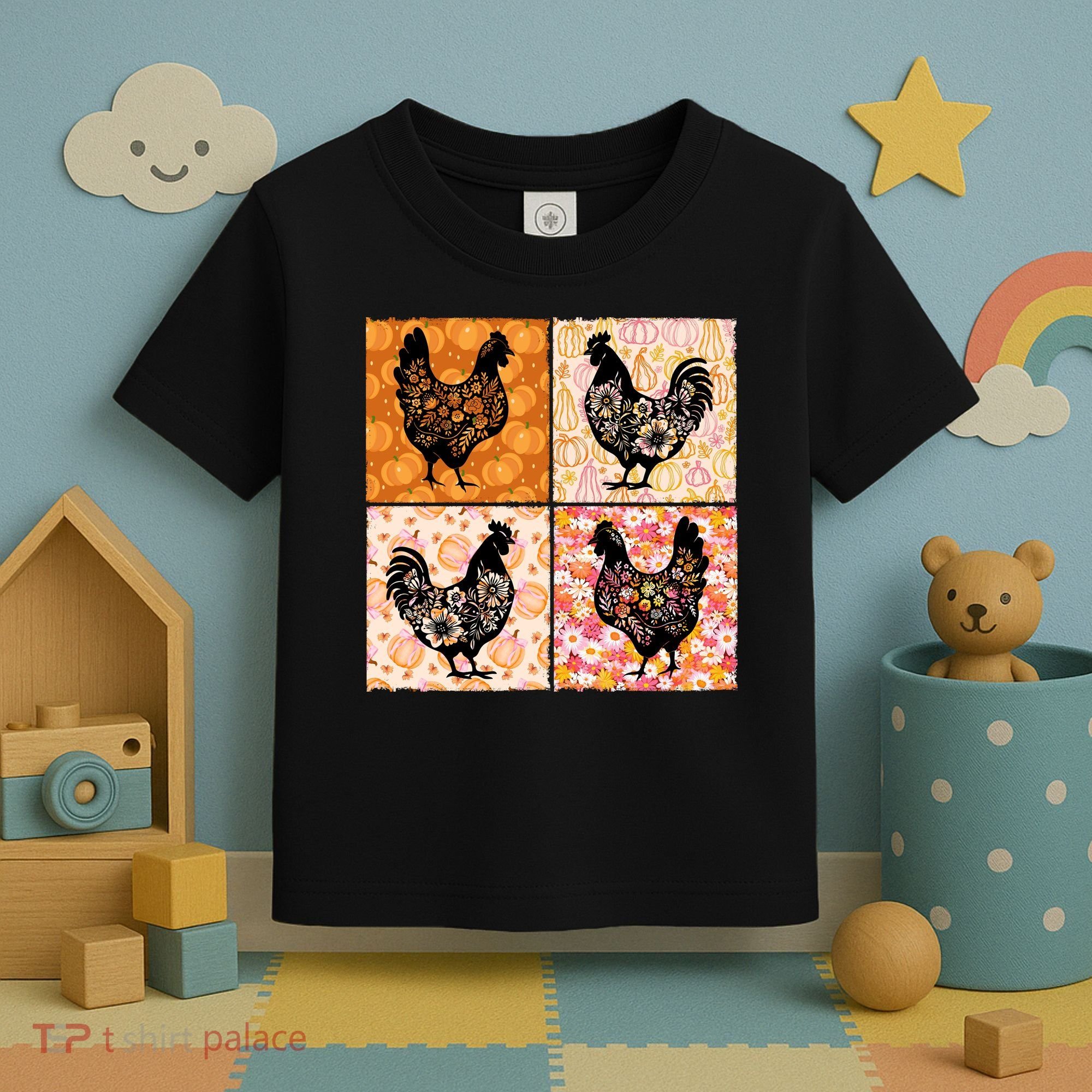 Floral Fall Chicken Cute Thankgiving Toddler T-Shirt
