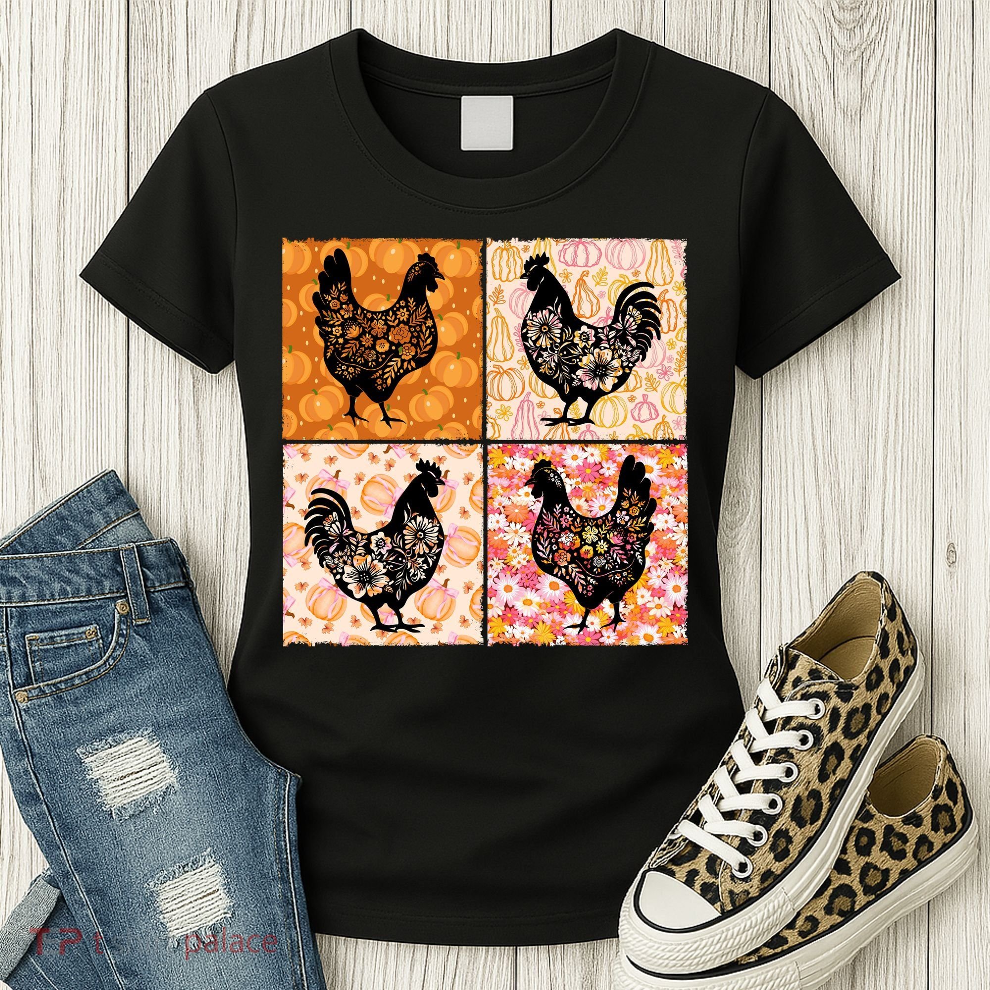 Floral Fall Chicken Cute Thankgiving Women's T-Shirt