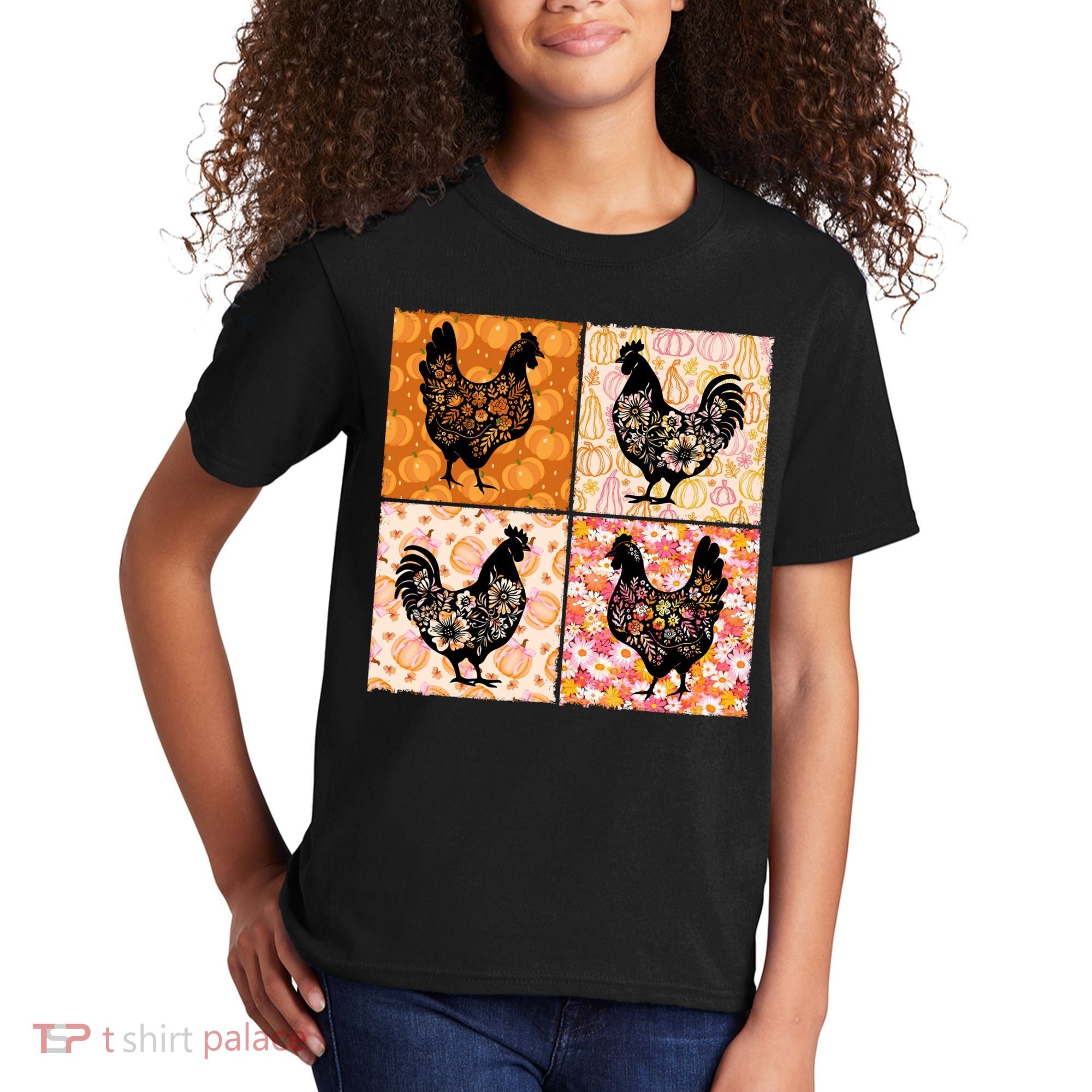 Floral Fall Chicken Cute Thankgiving Kids T-Shirt