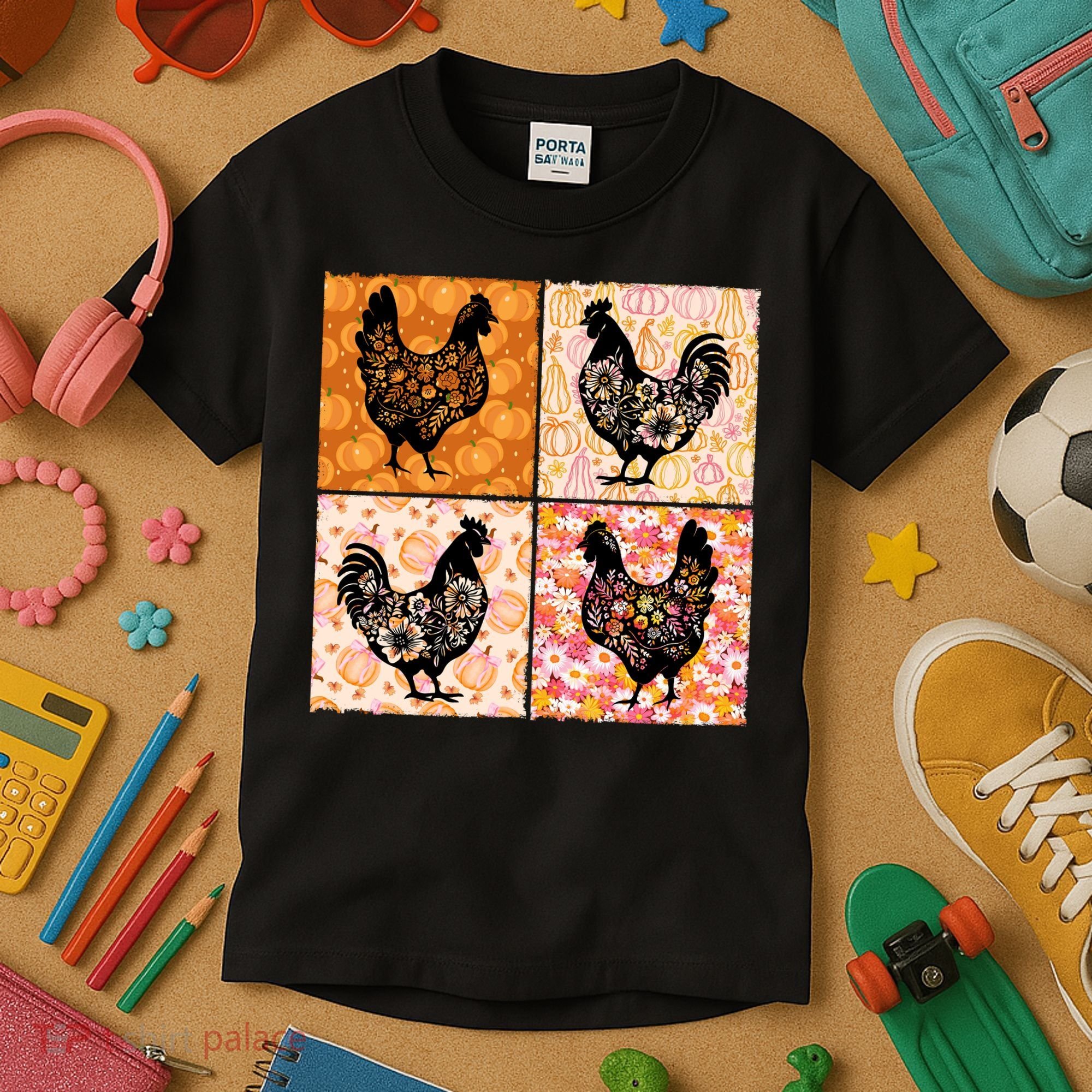 Floral Fall Chicken Cute Thankgiving Kids T-Shirt