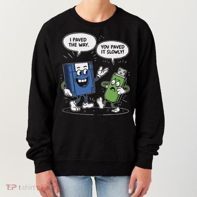 Funny Floppy Disk Vs. Usb Flash Drive Cartoon Design Women's Sweatshirt