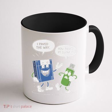 Funny Floppy Disk Vs. Usb Flash Drive Cartoon Design Coffee Mug back