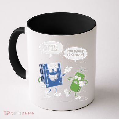 Funny Floppy Disk Vs. Usb Flash Drive Cartoon Design Coffee Mug