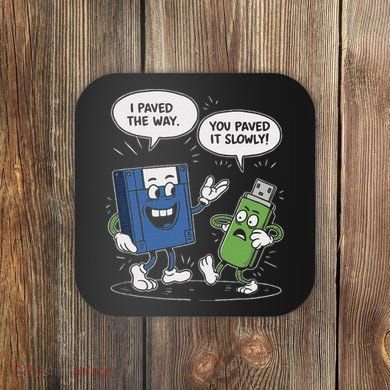 Funny Floppy Disk Vs. Usb Flash Drive Cartoon Design Coaster