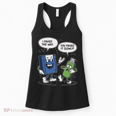 Funny Floppy Disk Vs. Usb Flash Drive Cartoon Design Women's Tank Top