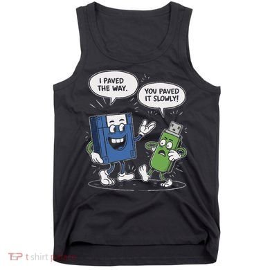 Funny Floppy Disk Vs. Usb Flash Drive Cartoon Design Tank Top