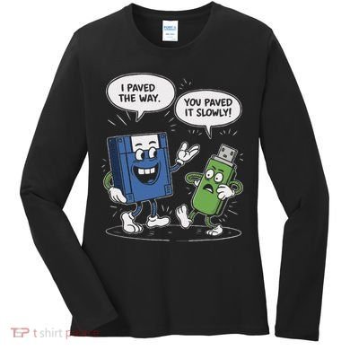Funny Floppy Disk Vs. Usb Flash Drive Cartoon Design Women's Long Sleeve Shirt
