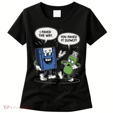 Funny Floppy Disk Vs. Usb Flash Drive Cartoon Design Women's T-Shirt