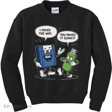 Funny Floppy Disk Vs. Usb Flash Drive Cartoon Design Kids Sweatshirt