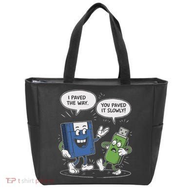 Funny Floppy Disk Vs. Usb Flash Drive Cartoon Design Tote Bag