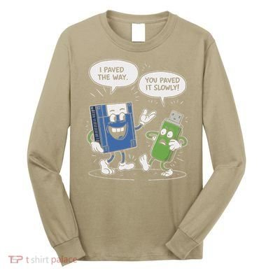 Funny Floppy Disk Vs. Usb Flash Drive Cartoon Design Long Sleeve Shirt
