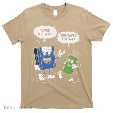 Funny Floppy Disk Vs. Usb Flash Drive Cartoon Design T-Shirt