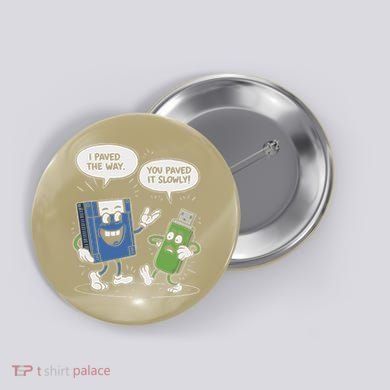 Funny Floppy Disk Vs. Usb Flash Drive Cartoon Design Button