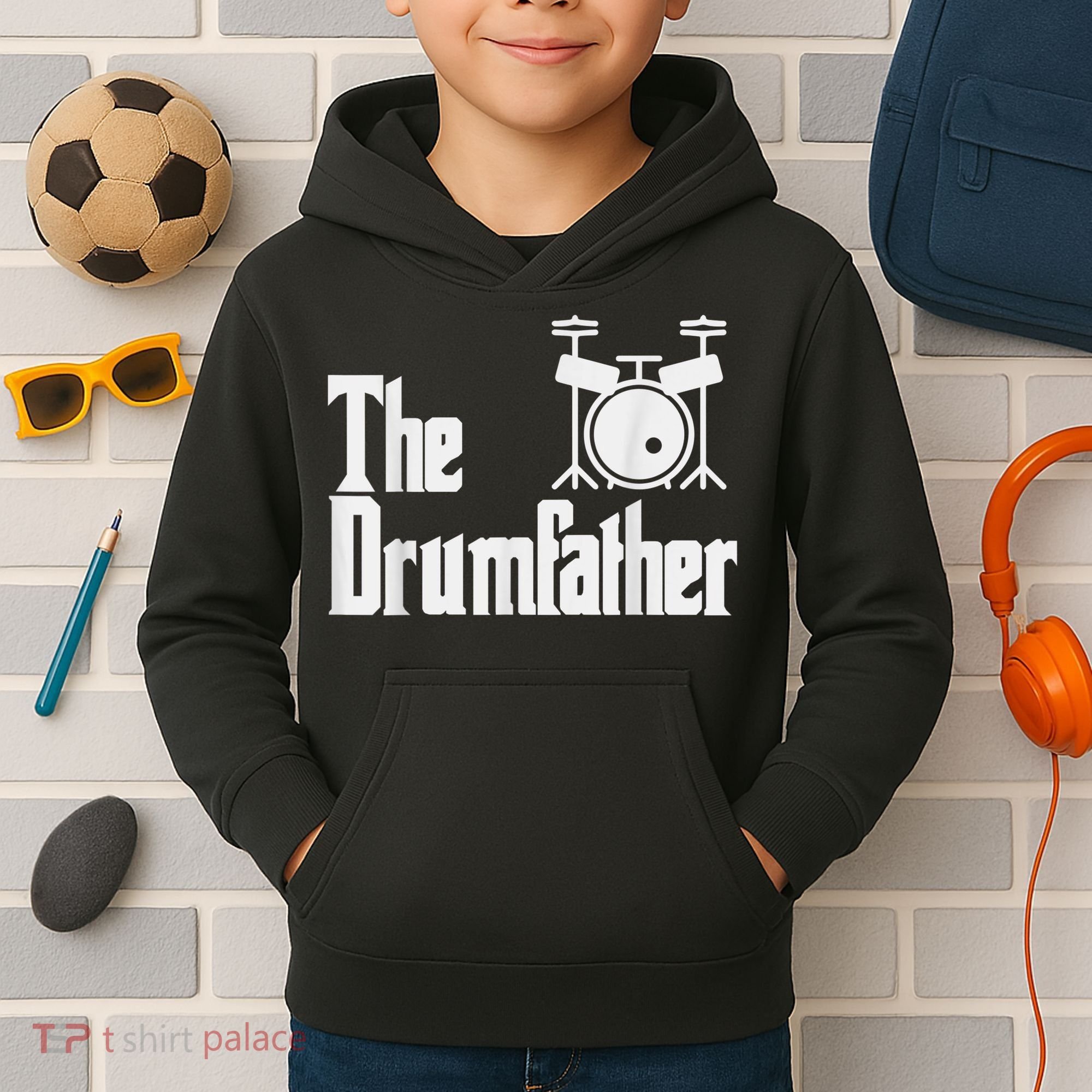 Funny Fathers Day The Drumfather Drummer Musician Dad Gift Kids Hoodie