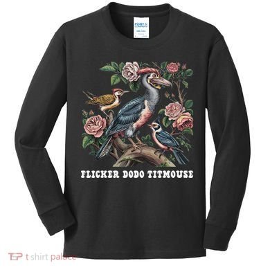 Funny Flicker Dodo Titmouse Vintage Floral Apparel Bird Kids Long Sleeve Shirt