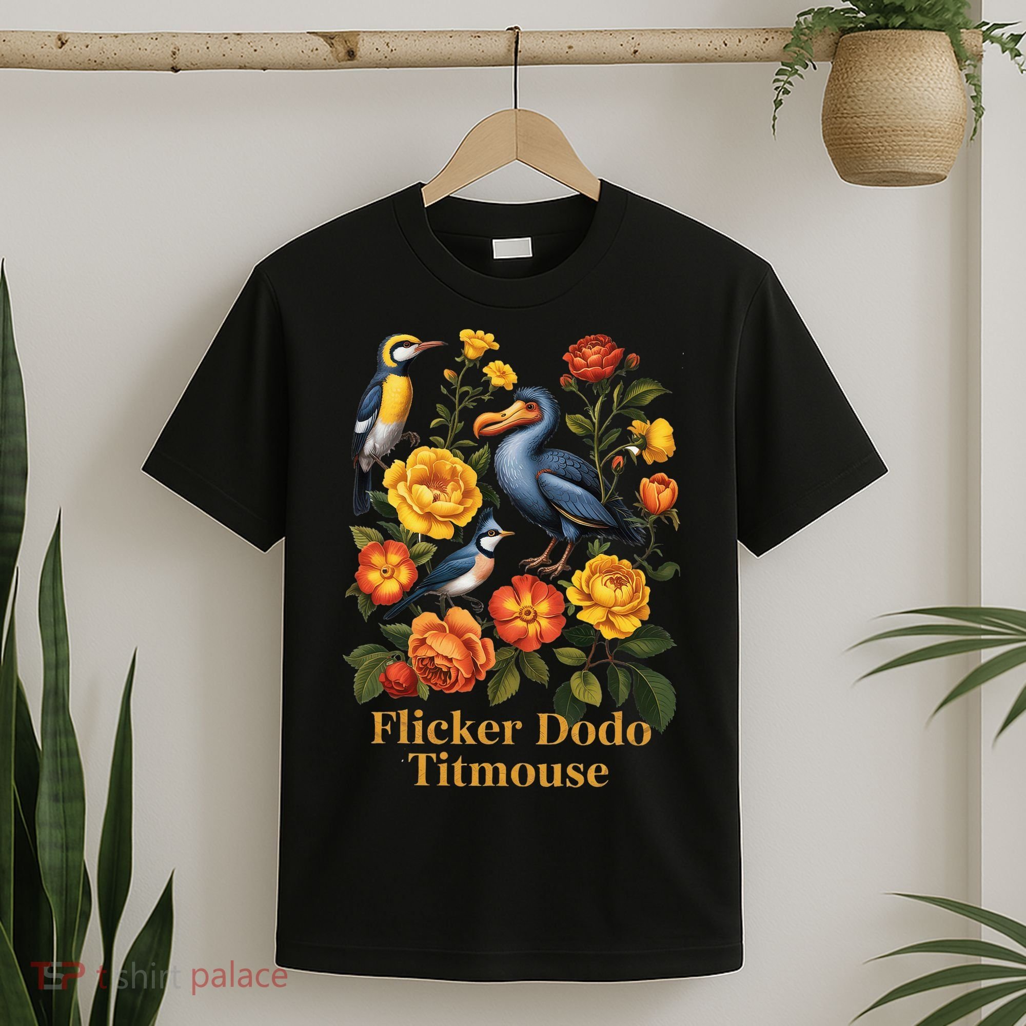 Funny Flicker Dodo Titmouse Vintage Floral T-Shirt