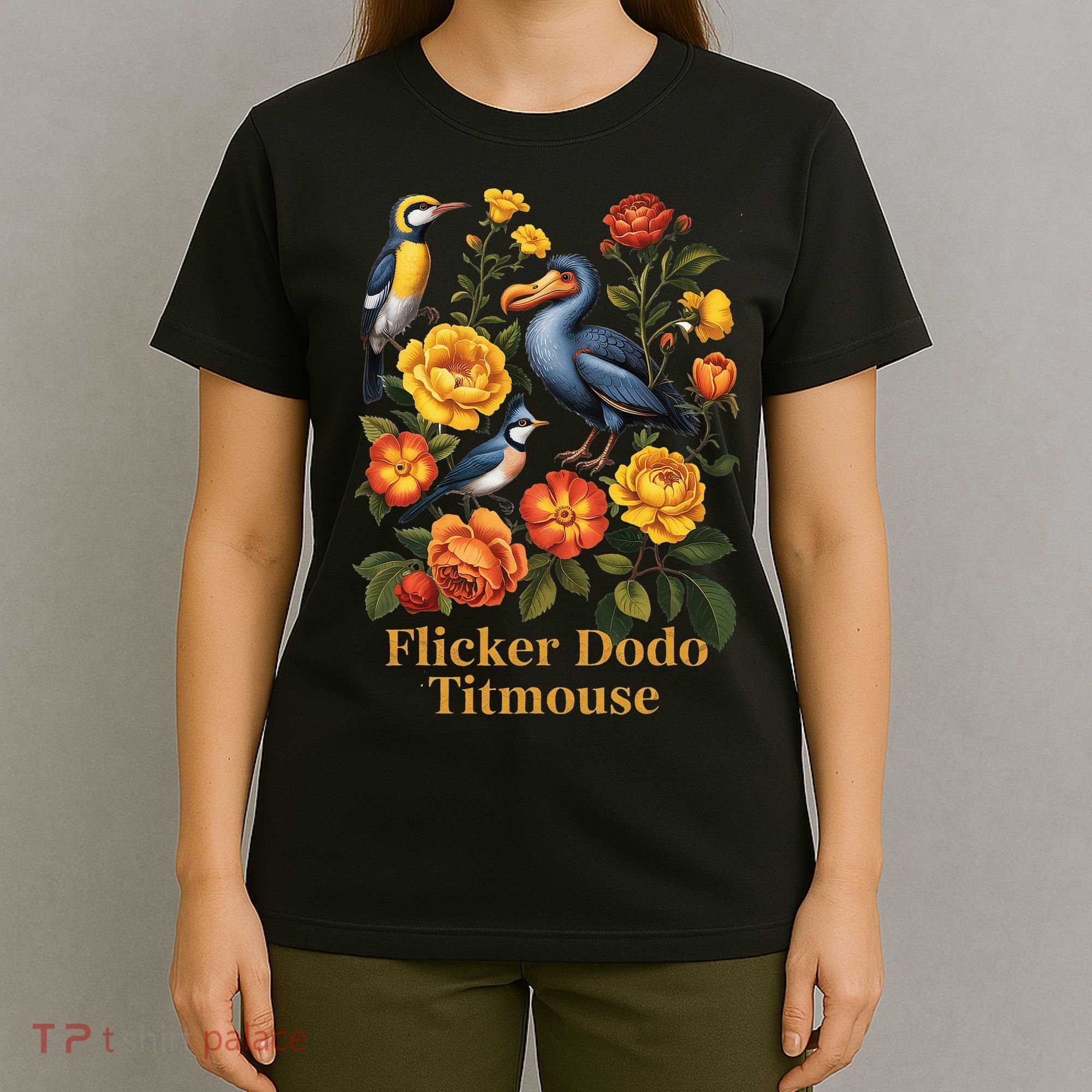 Funny Flicker Dodo Titmouse Vintage Floral T-Shirt