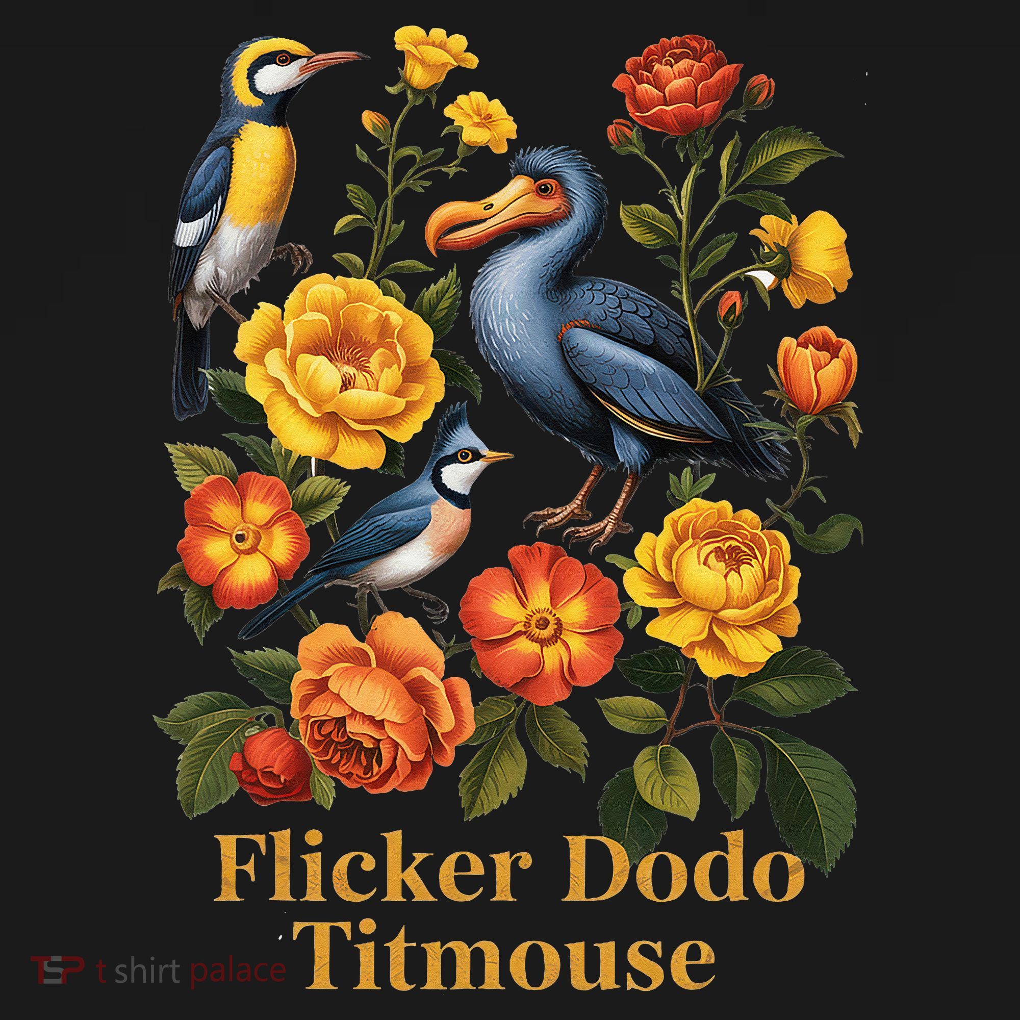 Funny Flicker Dodo Titmouse Vintage Floral T-Shirt