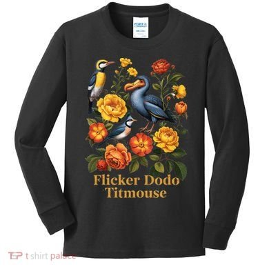 Funny Flicker Dodo Titmouse Vintage Floral Kids Long Sleeve Shirt