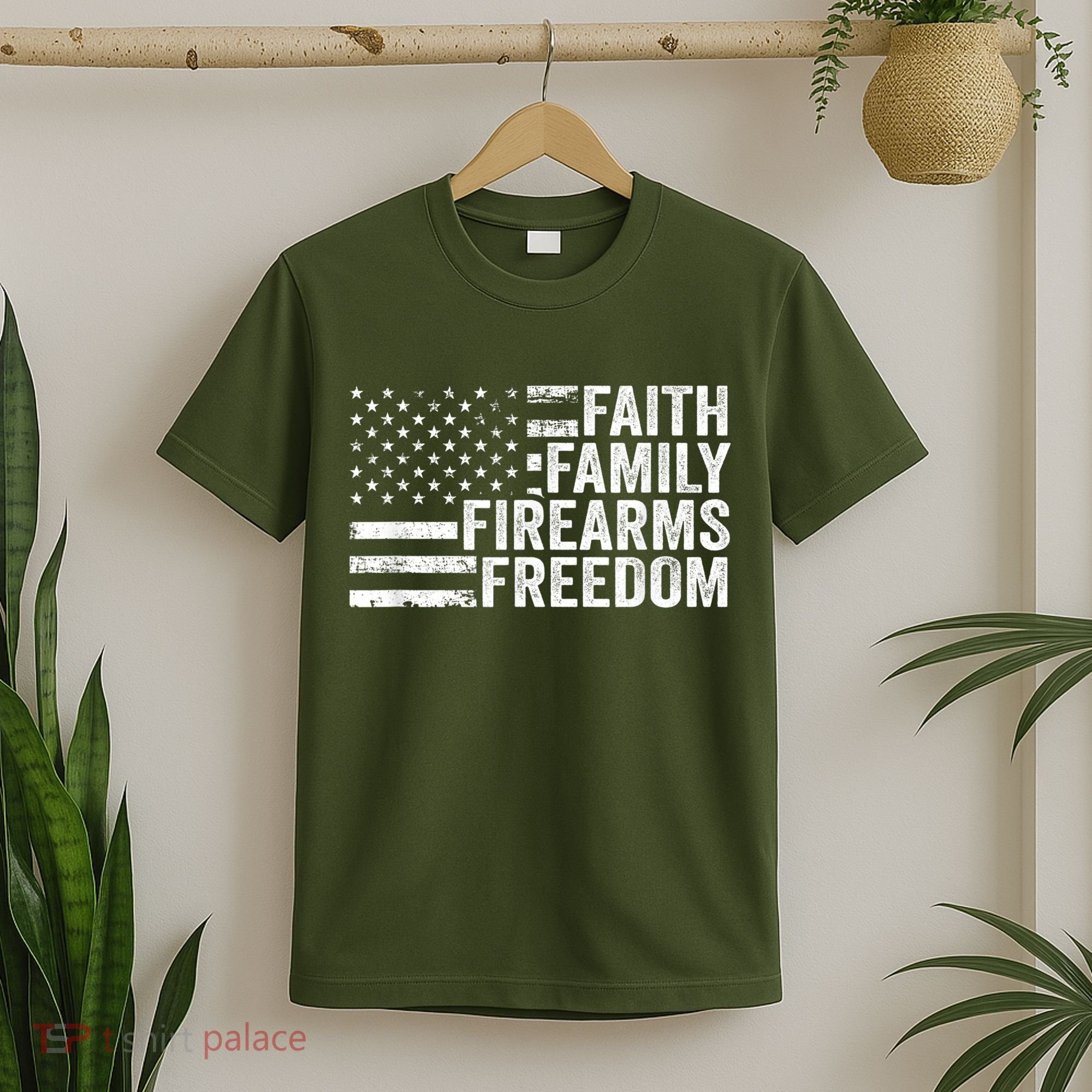 Faith Family Firearms & Freedom Pro God Guns American Flag T-Shirt
