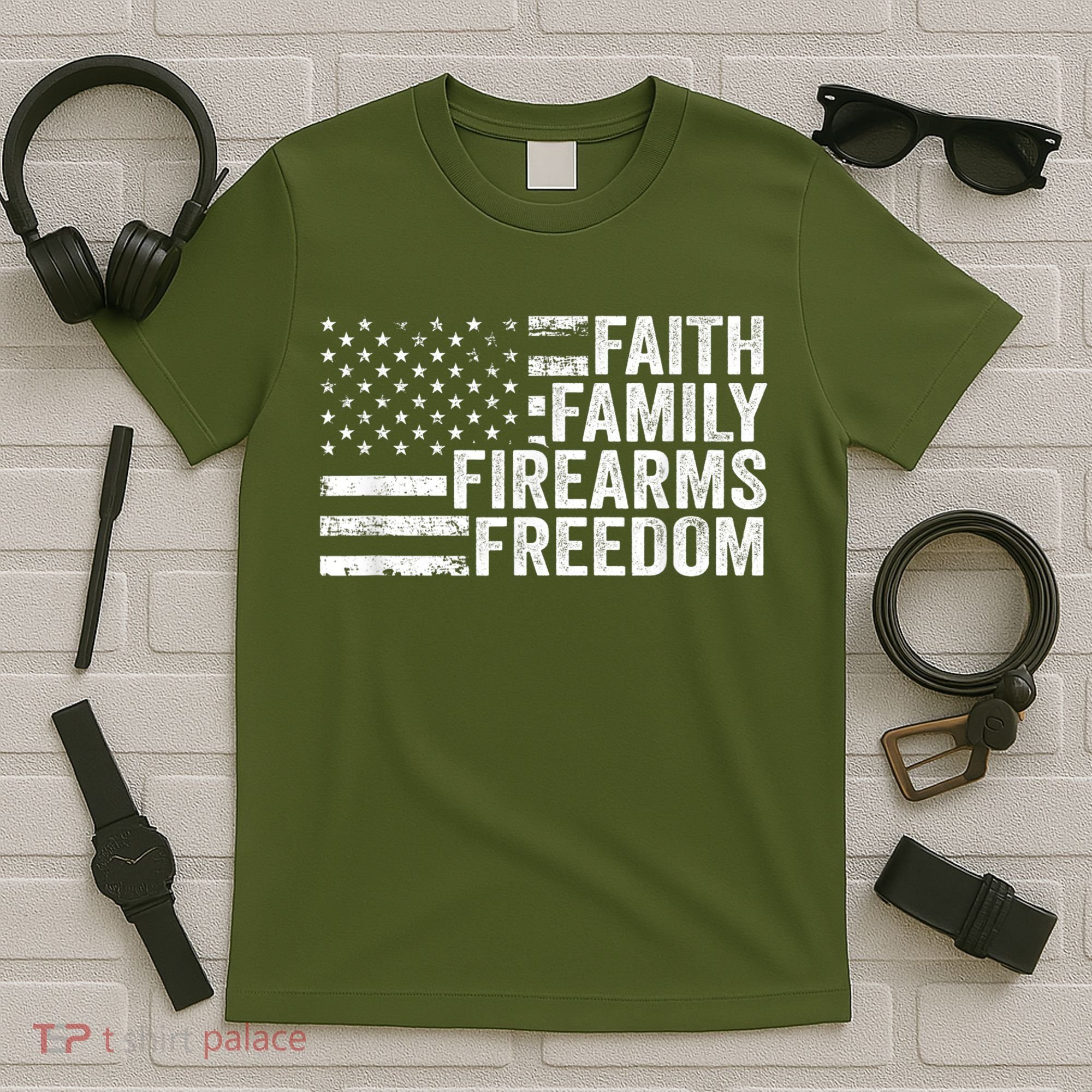 Faith Family Firearms & Freedom Pro God Guns American Flag T-Shirt