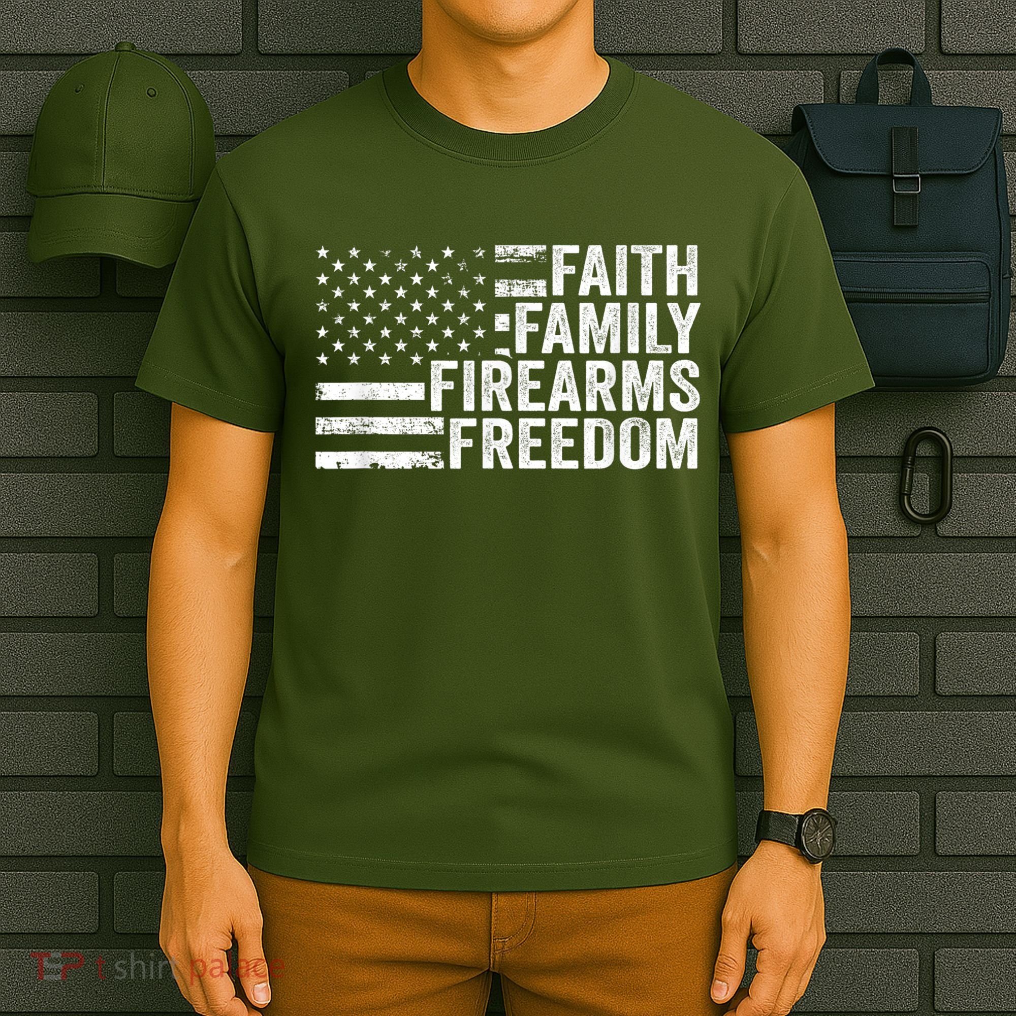 Faith Family Firearms & Freedom Pro God Guns American Flag T-Shirt