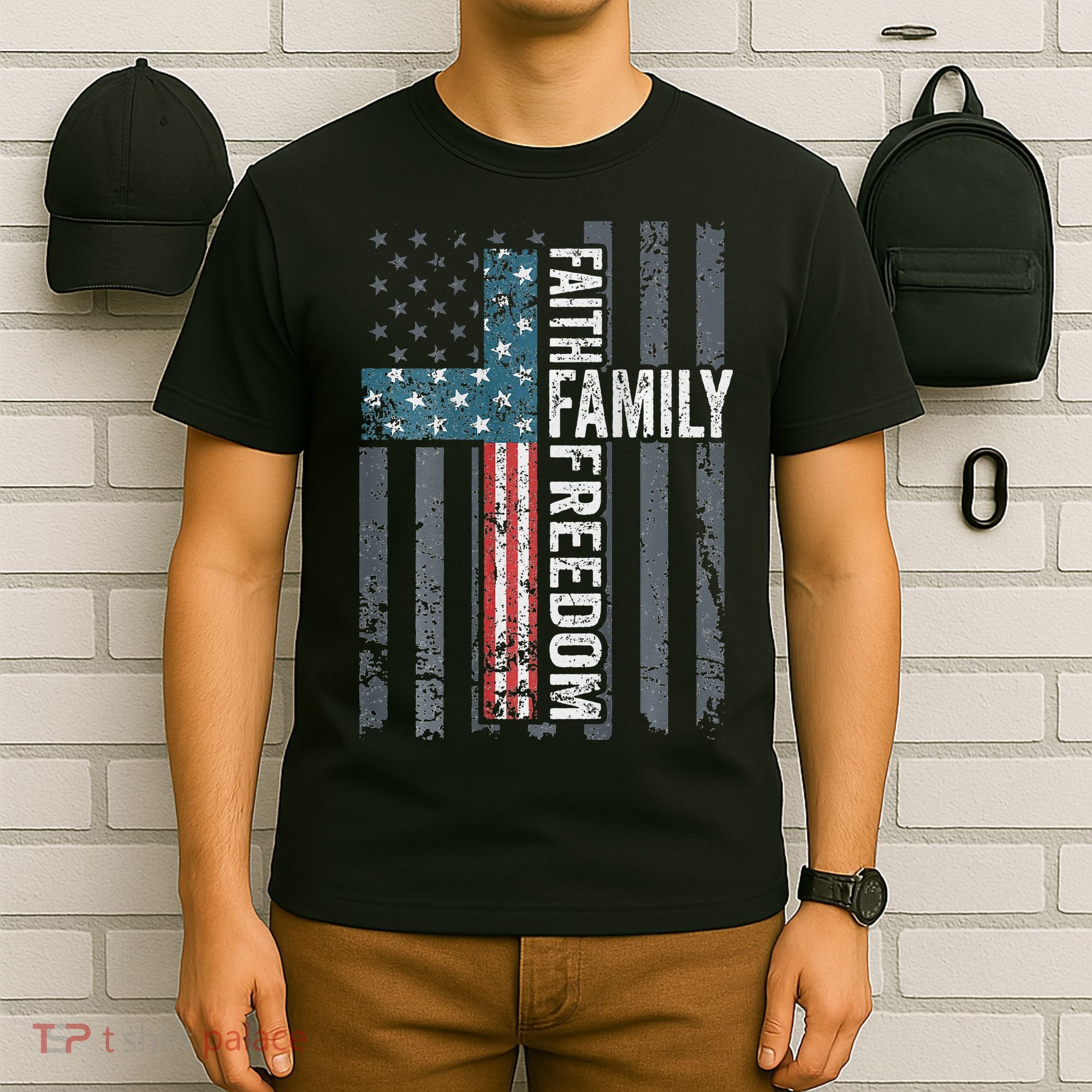 Faith Family Freedom Christian USA Cross Flag T-Shirt