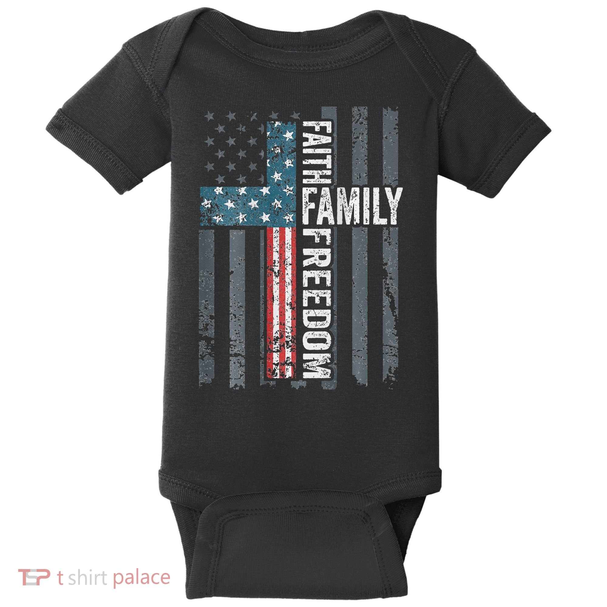 Faith Family Freedom Christian USA Cross Flag Baby Bodysuit