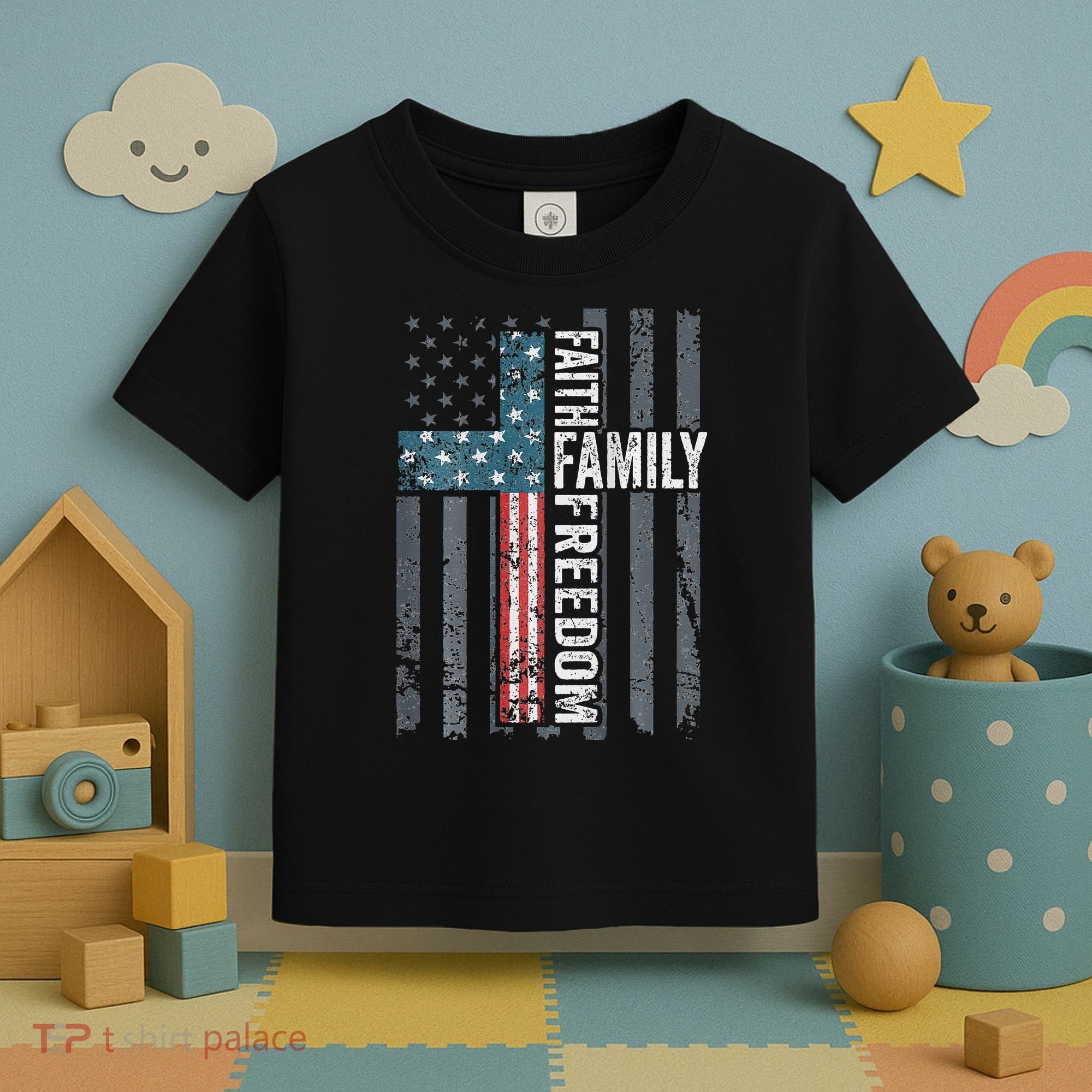 Faith Family Freedom Christian USA Cross Flag Toddler T-Shirt