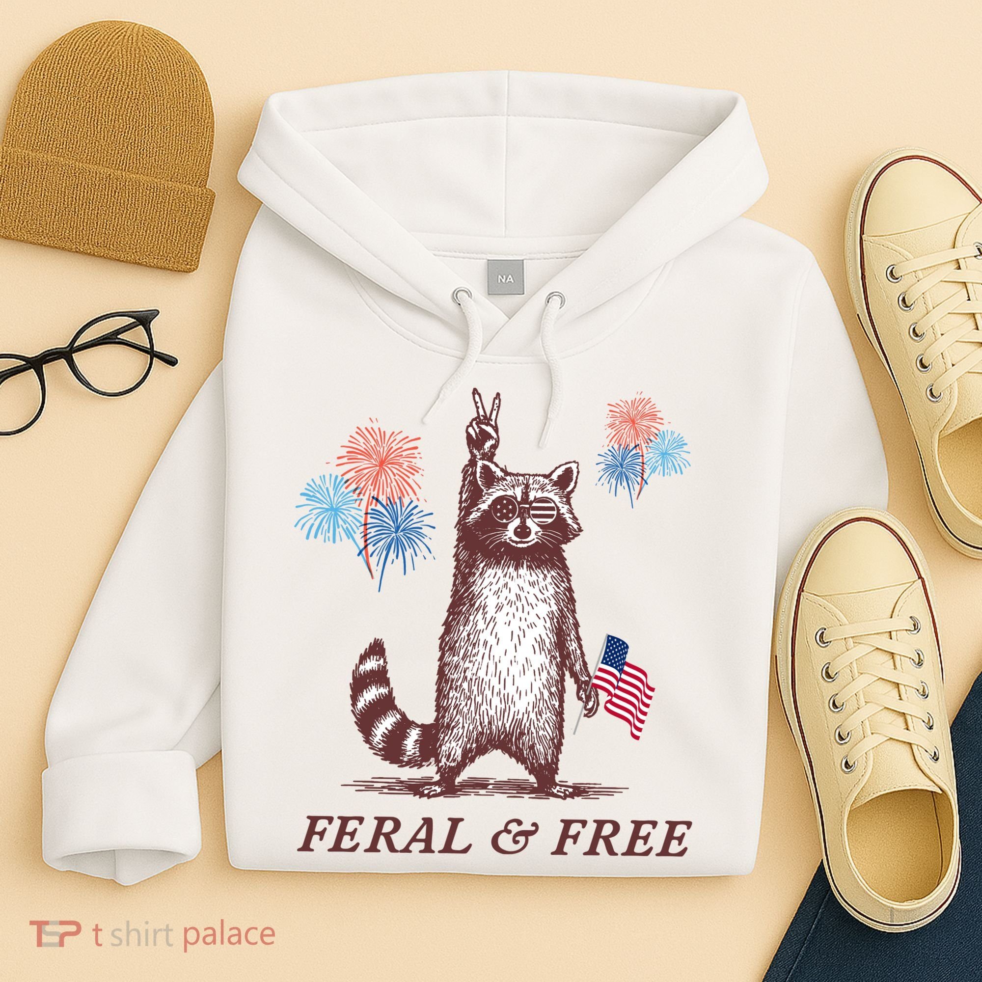 Feral & Free Funny Patriotic Racoon 4th July  Hoodie