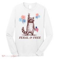 Feral & Free Funny Patriotic Racoon 4th July  Long Sleeve Shirt thumb 0