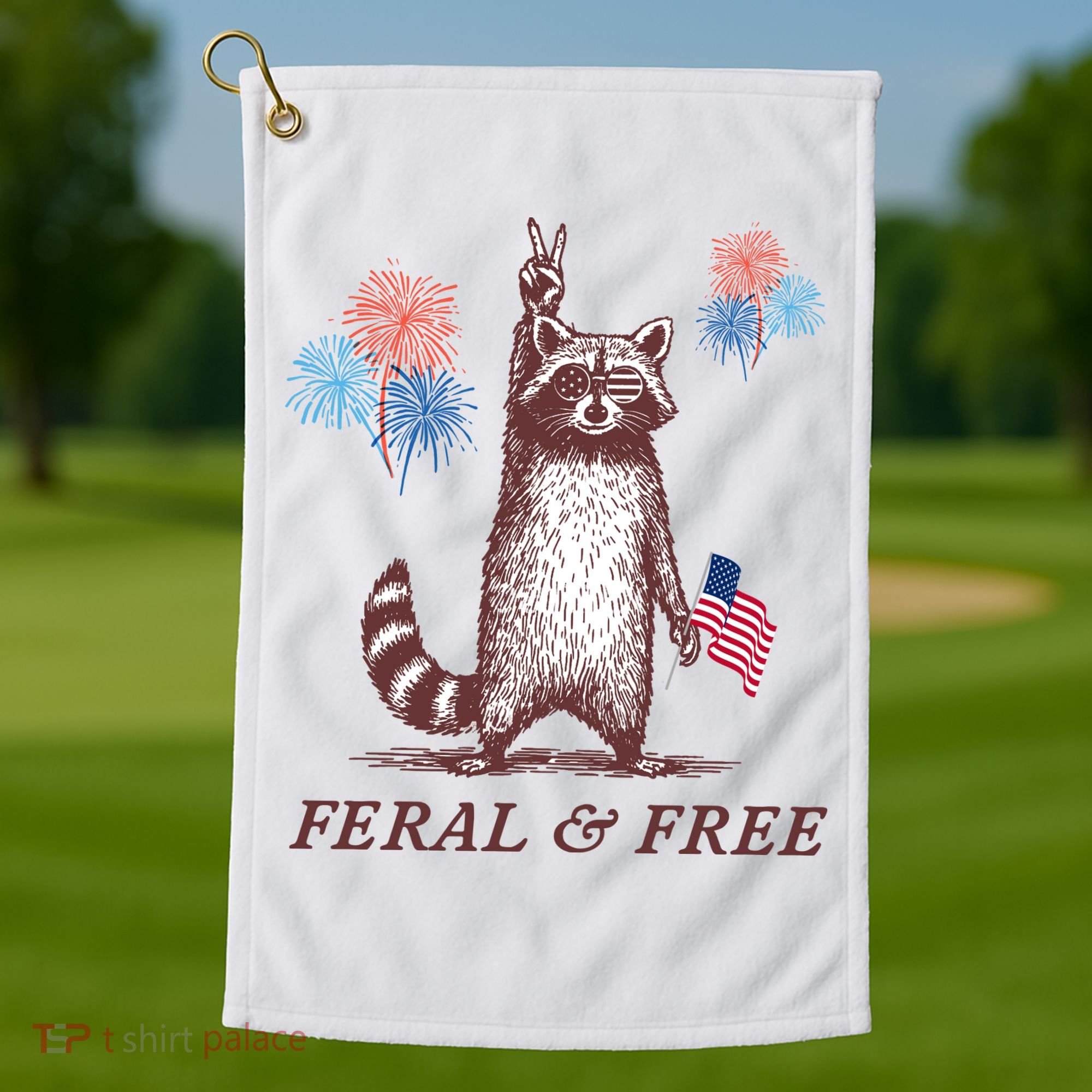 Feral & Free Funny Patriotic Racoon 4th July  Golf Towel