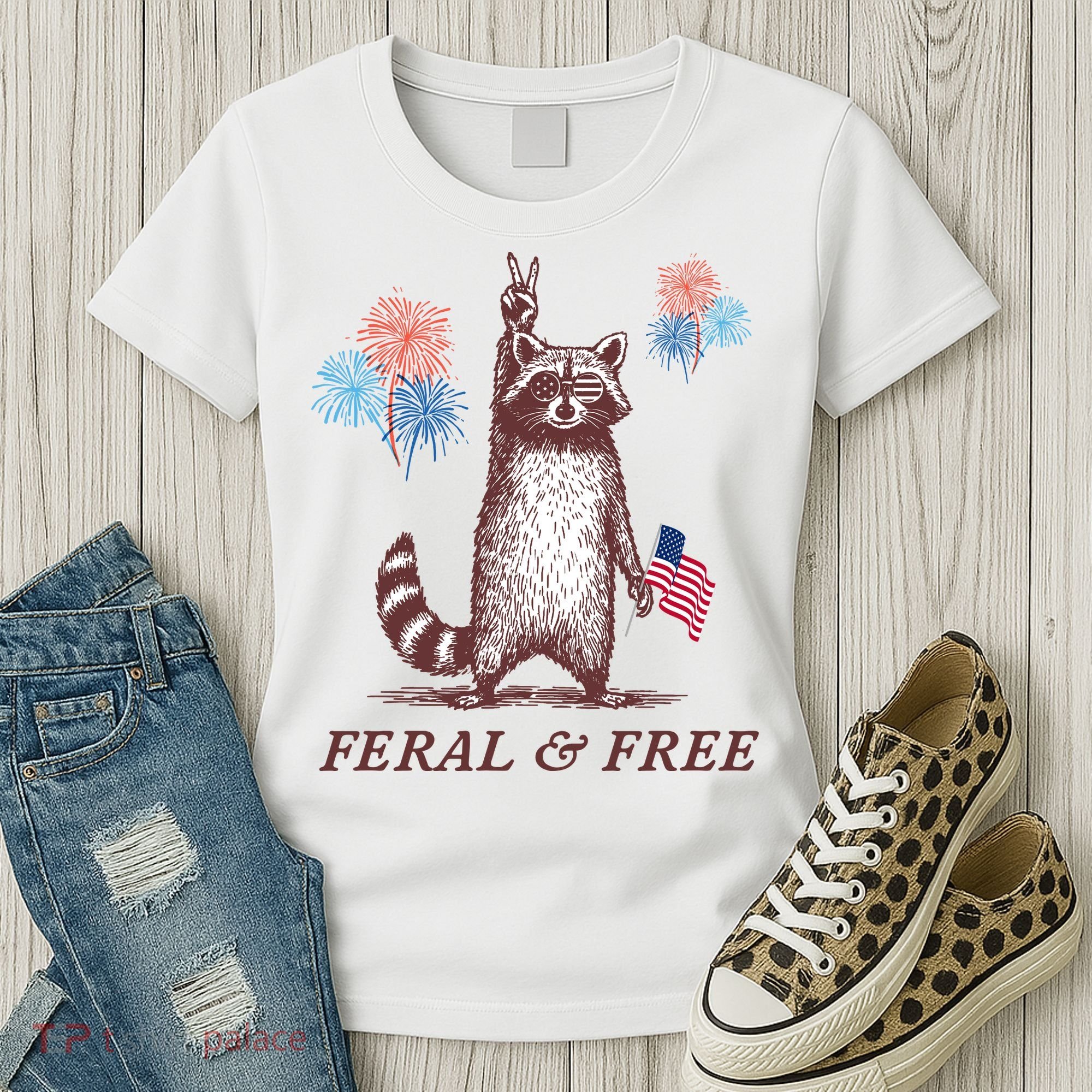 Feral & Free Funny Patriotic Racoon 4th July  Women's T-Shirt