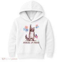 Feral & Free Funny Patriotic Racoon 4th July  Kids Hoodie thumb 0