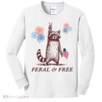 Feral & Free Funny Patriotic Racoon 4th July  Kids Long Sleeve Shirt thumb 0