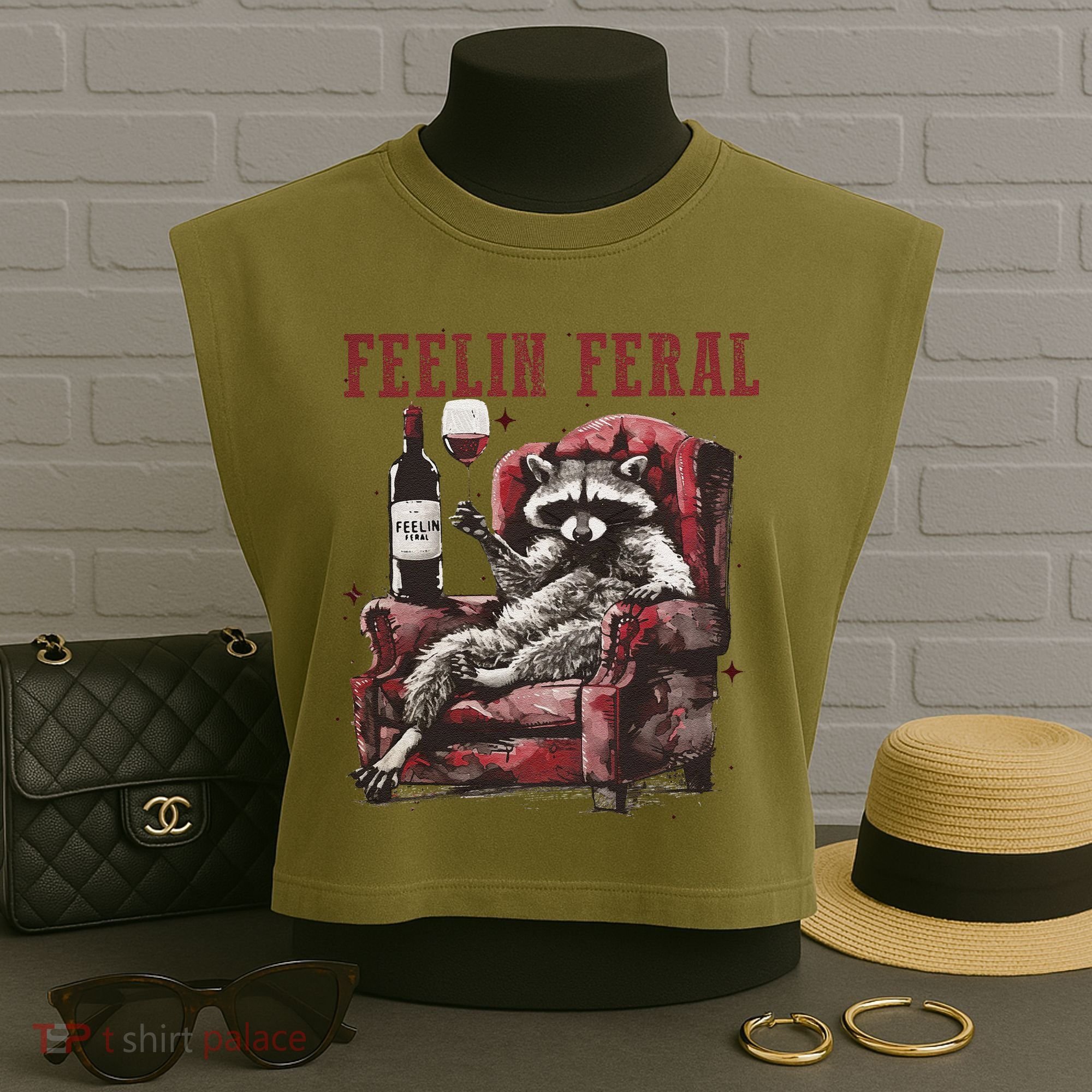 Feelin Feral Funny Sarcastic Snarky Funny Raccoon Garment-Dyed Women's Muscle Tee
