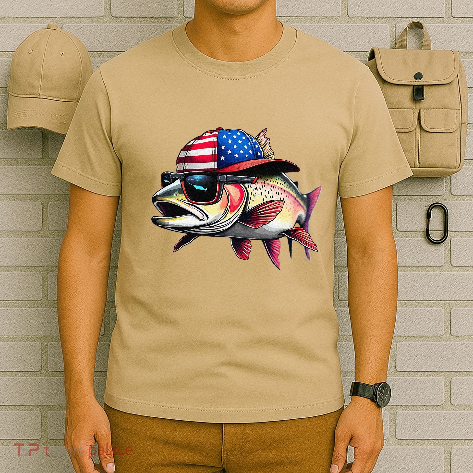 Funny Fishing & Fisherman Rainbow Trout American Flag T-Shirt