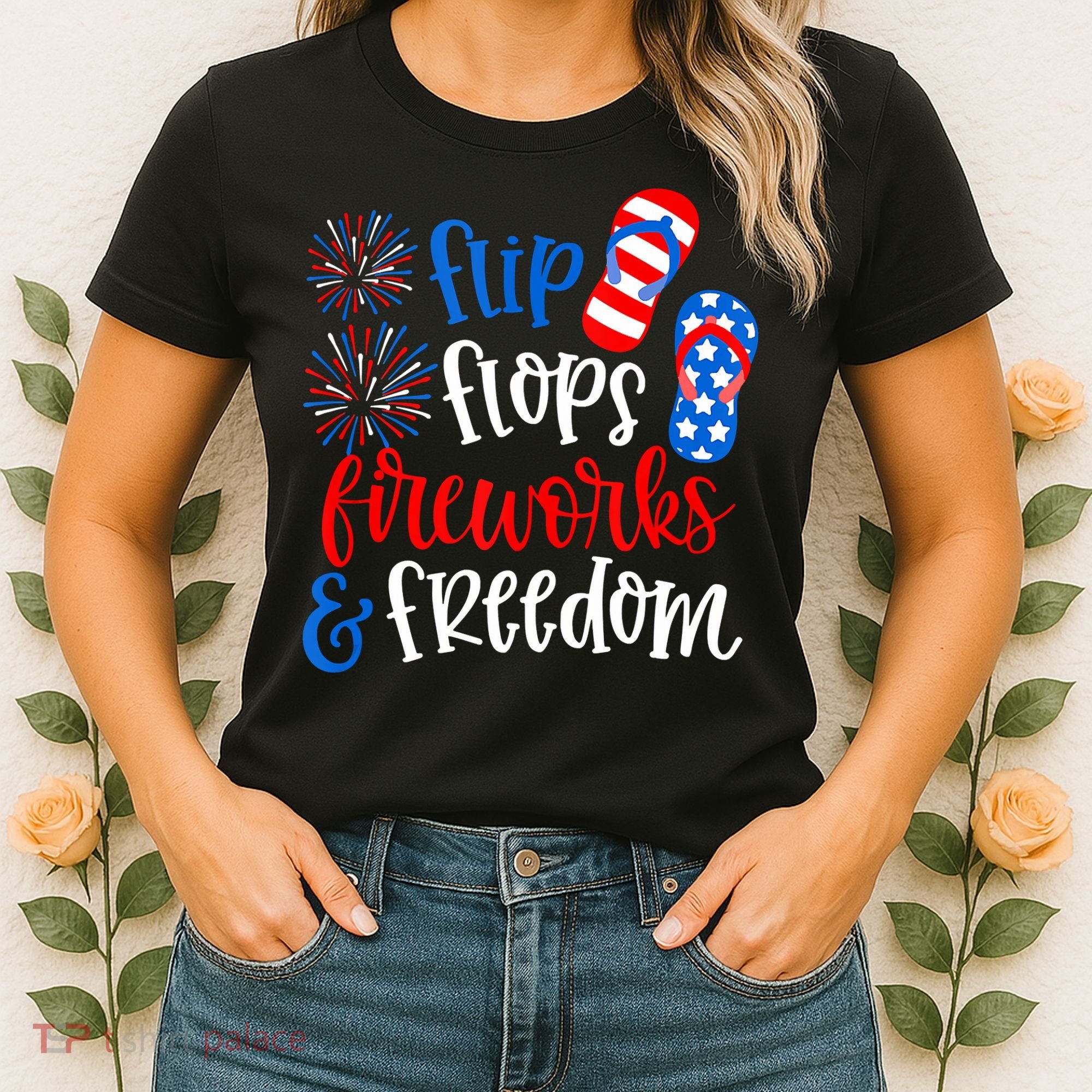 Flip Flops Fireworks And Freedom 4th Of July Us Flag Women's T-Shirt