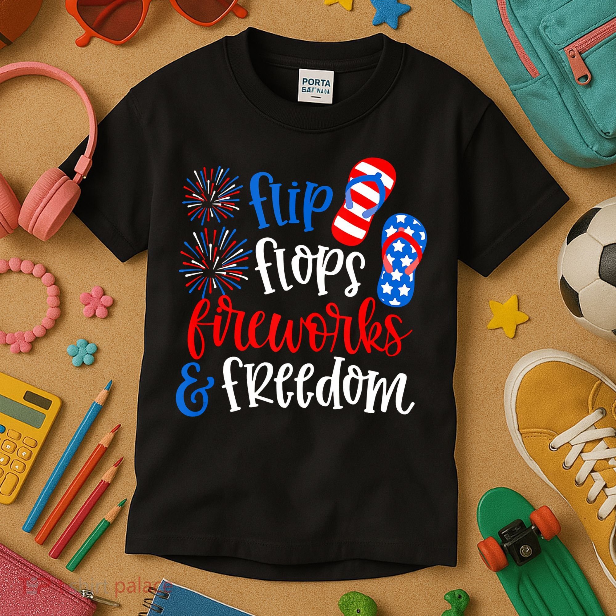 Flip Flops Fireworks And Freedom 4th Of July Us Flag Kids T-Shirt