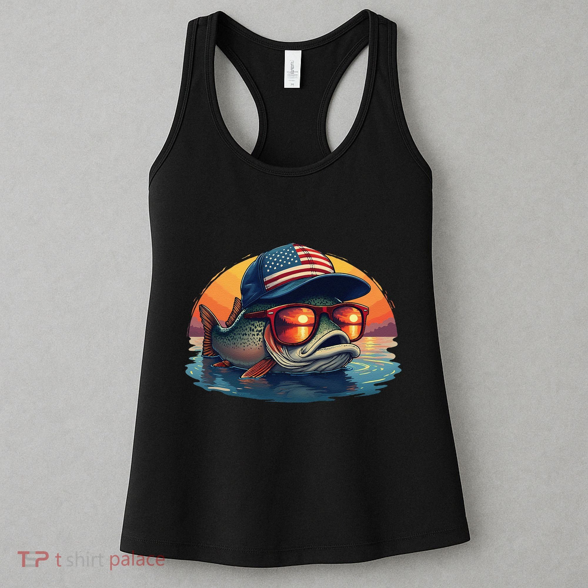 Funny Fishing & Fisherman American Flag Trout Sunset Women's Tank Top