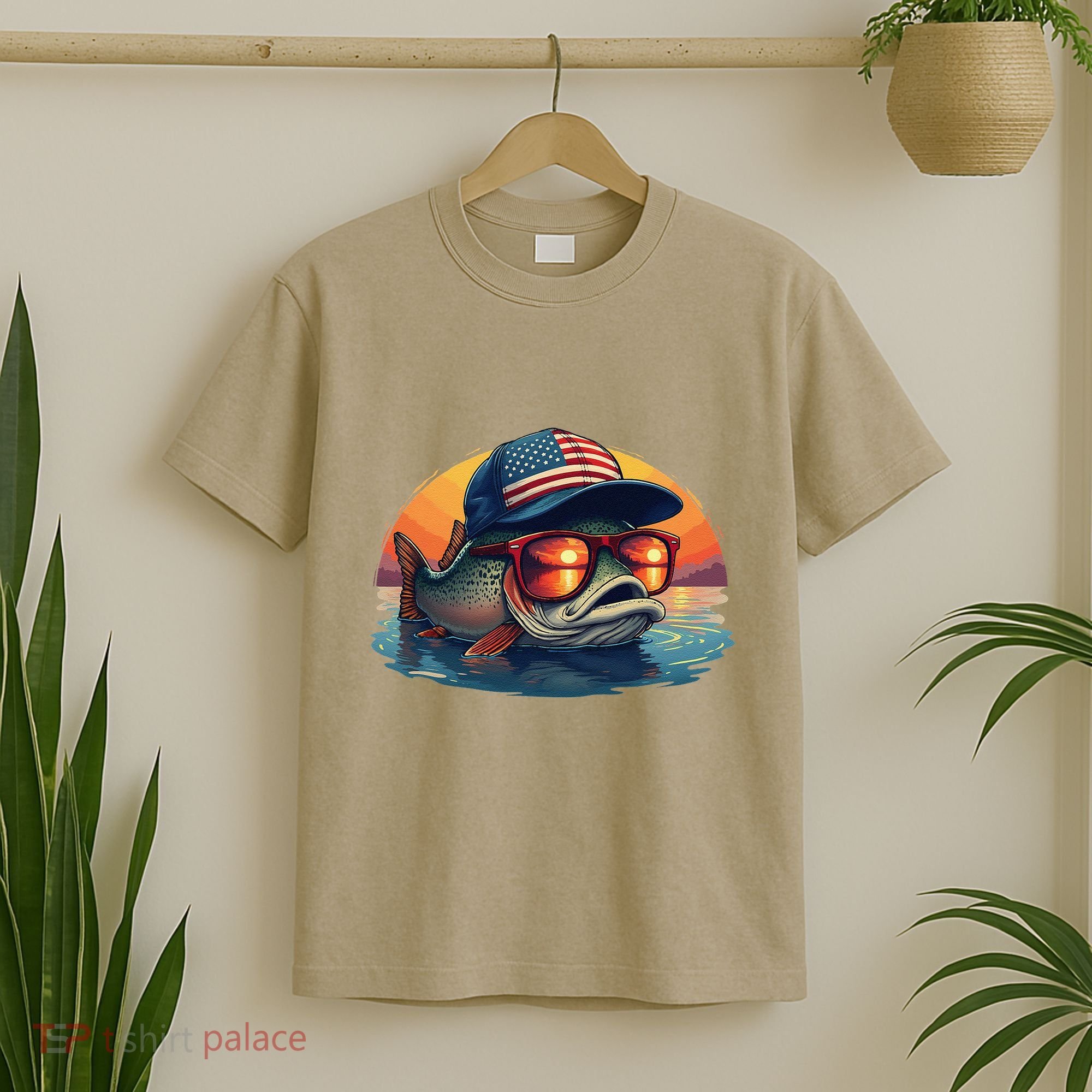 Funny Fishing & Fisherman American Flag Trout Sunset T-Shirt